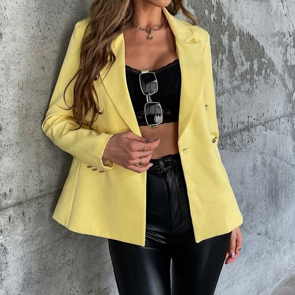 Yellow Elegant Women's Double Breasted Lapel Collar Blazer - Picture 3 of 5